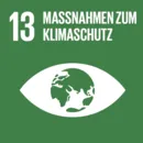 SDG 13 - Massnahmen zum Klimaschutz, Icon mit Schriftzug, abstrakte Weltkugel als Pupille eines Auges auf gr&uuml;nem Grund